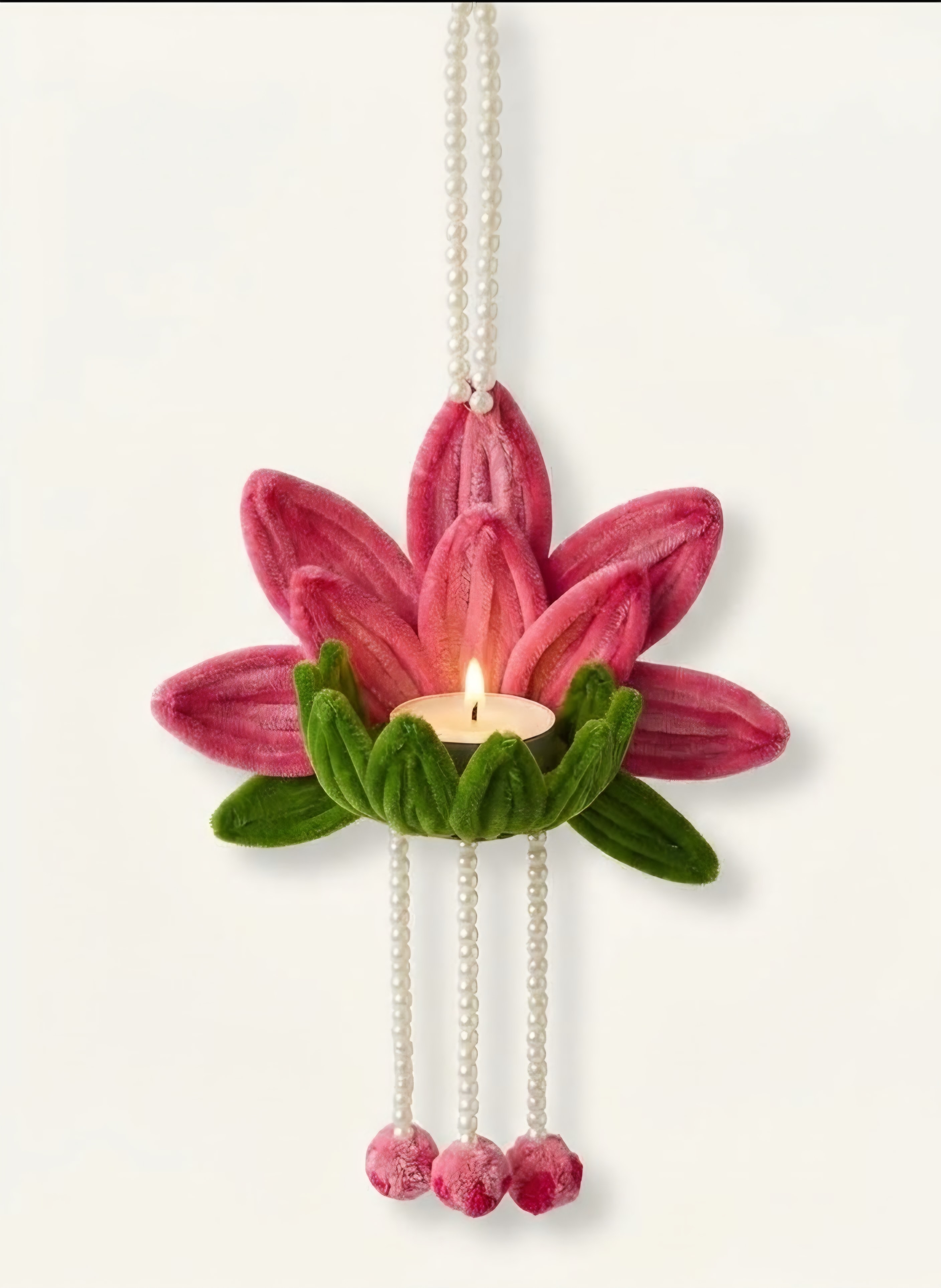 Pink Lotus Tealight Holder — Handmade pink lotus tealight holder with pearl-style hanging strands and floral accents. (detail angle)