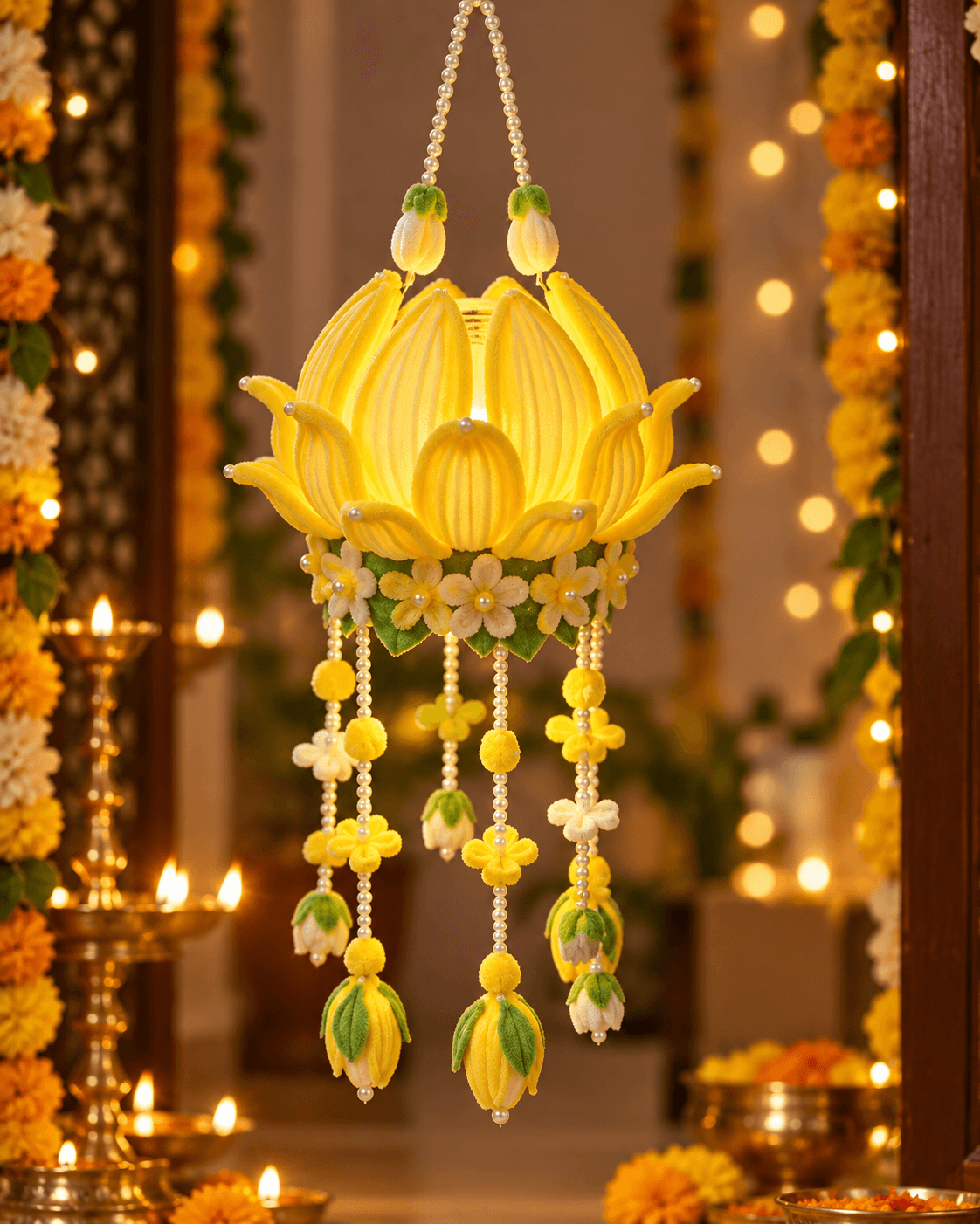 Handmade Lotus Hanging Lantern ✨ — Illuminate your space with our handcrafted Golden Lotus Hanging Lantern.